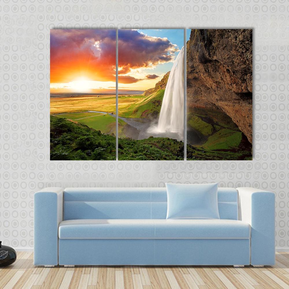 Waterfall Iceland - Seljalandsfoss Canvas Wall Art-3 Horizontal-Gallery Wrap-37" x 24"-Tiaracle