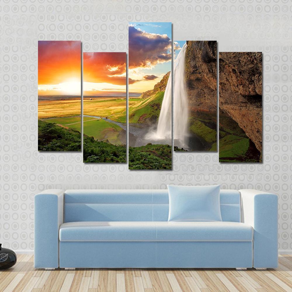 Waterfall Iceland - Seljalandsfoss Canvas Wall Art-5 Pop-Gallery Wrap-47" x 32"-Tiaracle
