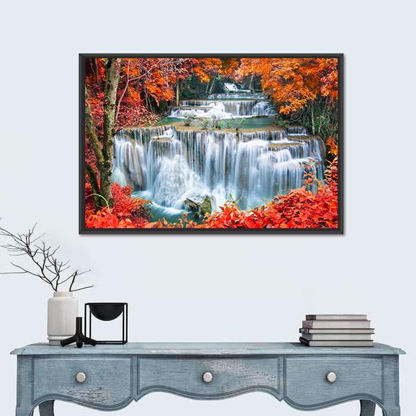 Waterfall In Autumn Forest Canvas Wall Art-1 Piece-Floating Frame-24" x 16"-Tiaracle