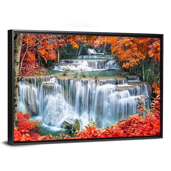 Waterfall In Autumn Forest Canvas Wall Art-3 Horizontal-Gallery Wrap-25" x 16"-Tiaracle