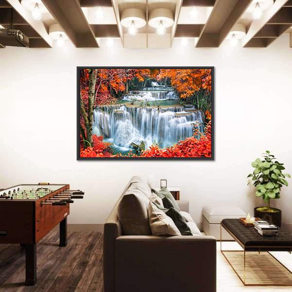 Waterfall In Autumn Forest Canvas Wall Art-3 Horizontal-Gallery Wrap-25" x 16"-Tiaracle