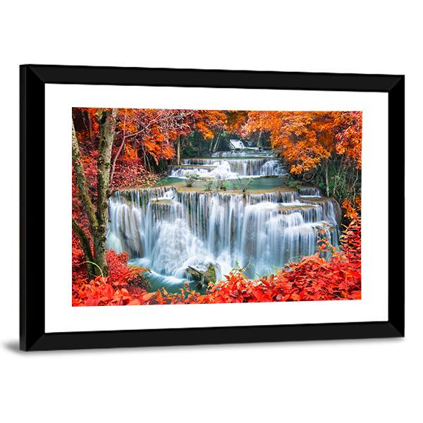 Waterfall In Autumn Forest Canvas Wall Art-3 Horizontal-Gallery Wrap-25" x 16"-Tiaracle