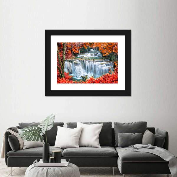 Waterfall In Autumn Forest Canvas Wall Art-5 Horizontal-Gallery Wrap-22" x 12"-Tiaracle