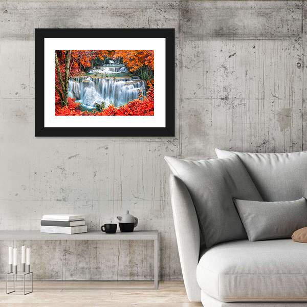 Waterfall In Autumn Forest Canvas Wall Art-3 Horizontal-Gallery Wrap-25" x 16"-Tiaracle