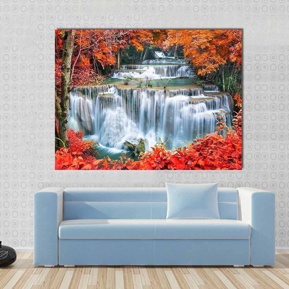 Waterfall In Autumn Forest Canvas Wall Art-1 Piece-Gallery Wrap-48" x 32"-Tiaracle