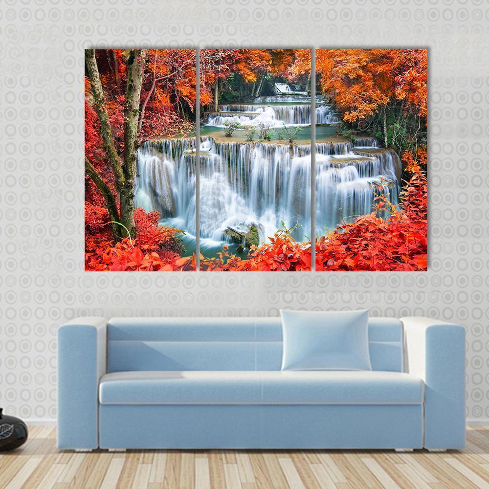 Waterfall In Autumn Forest Canvas Wall Art-3 Horizontal-Gallery Wrap-37" x 24"-Tiaracle