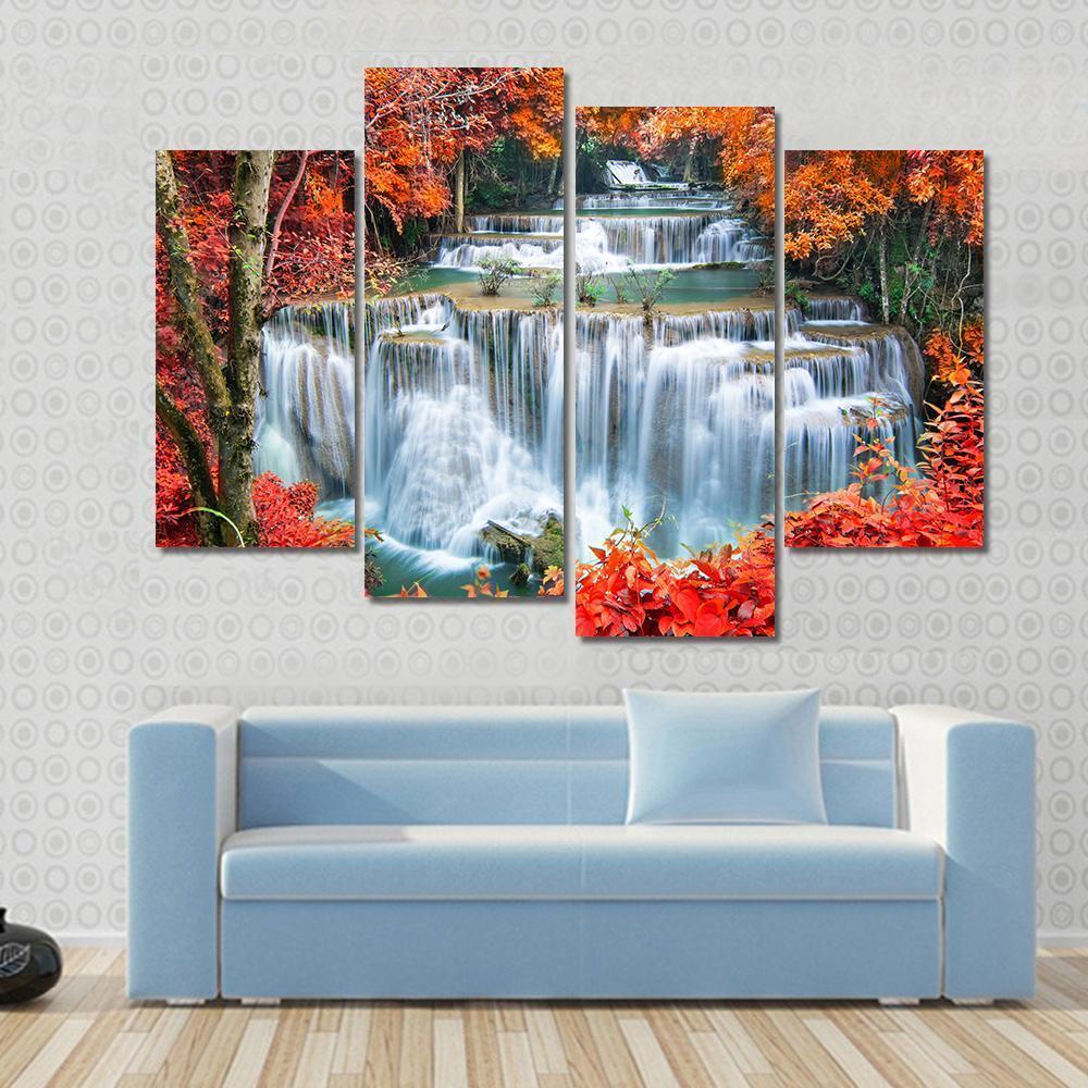 Waterfall In Autumn Forest Canvas Wall Art-4 Pop-Gallery Wrap-50&quot; x 32&quot;-Tiaracle