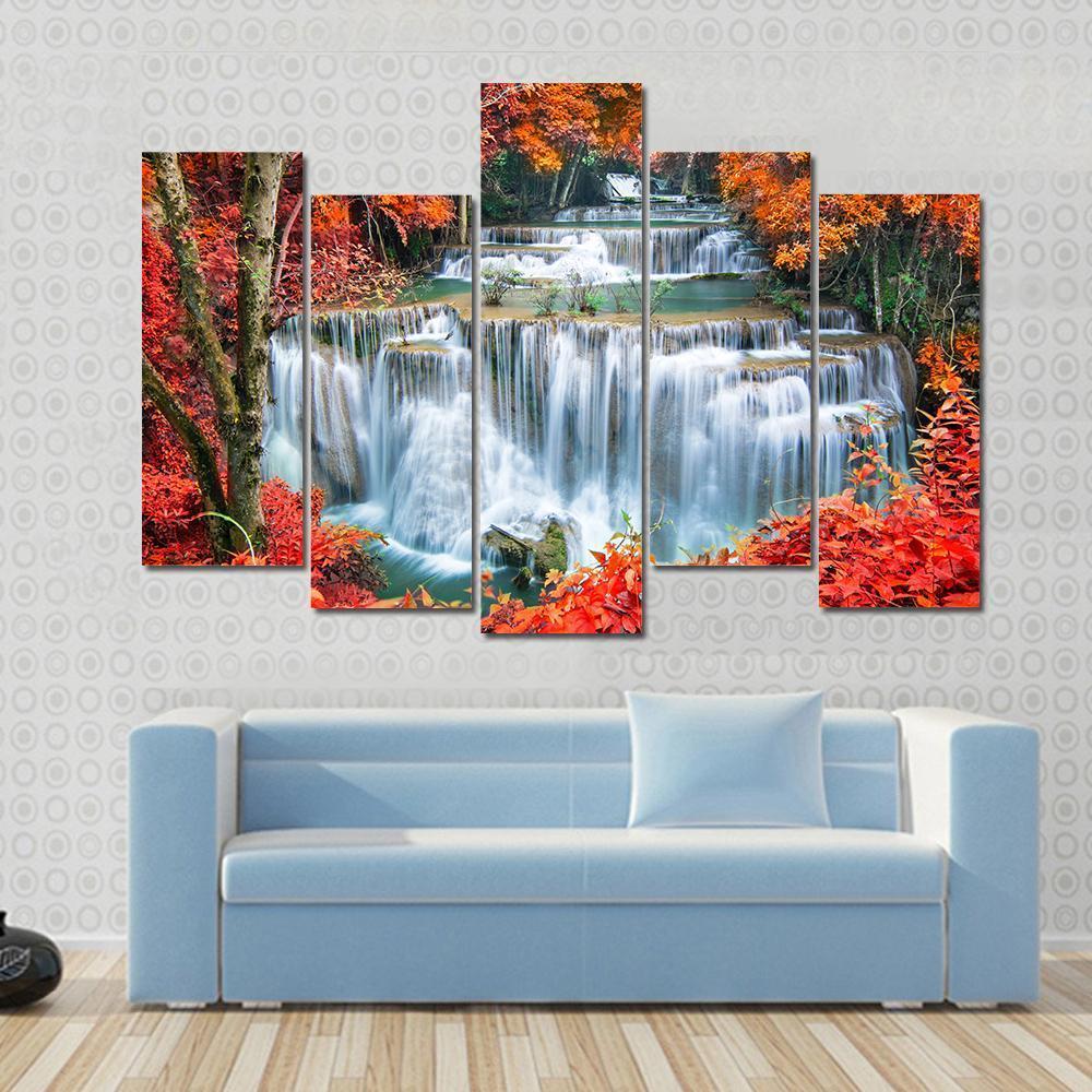 Waterfall In Autumn Forest Canvas Wall Art-5 Pop-Gallery Wrap-47&quot; x 32&quot;-Tiaracle