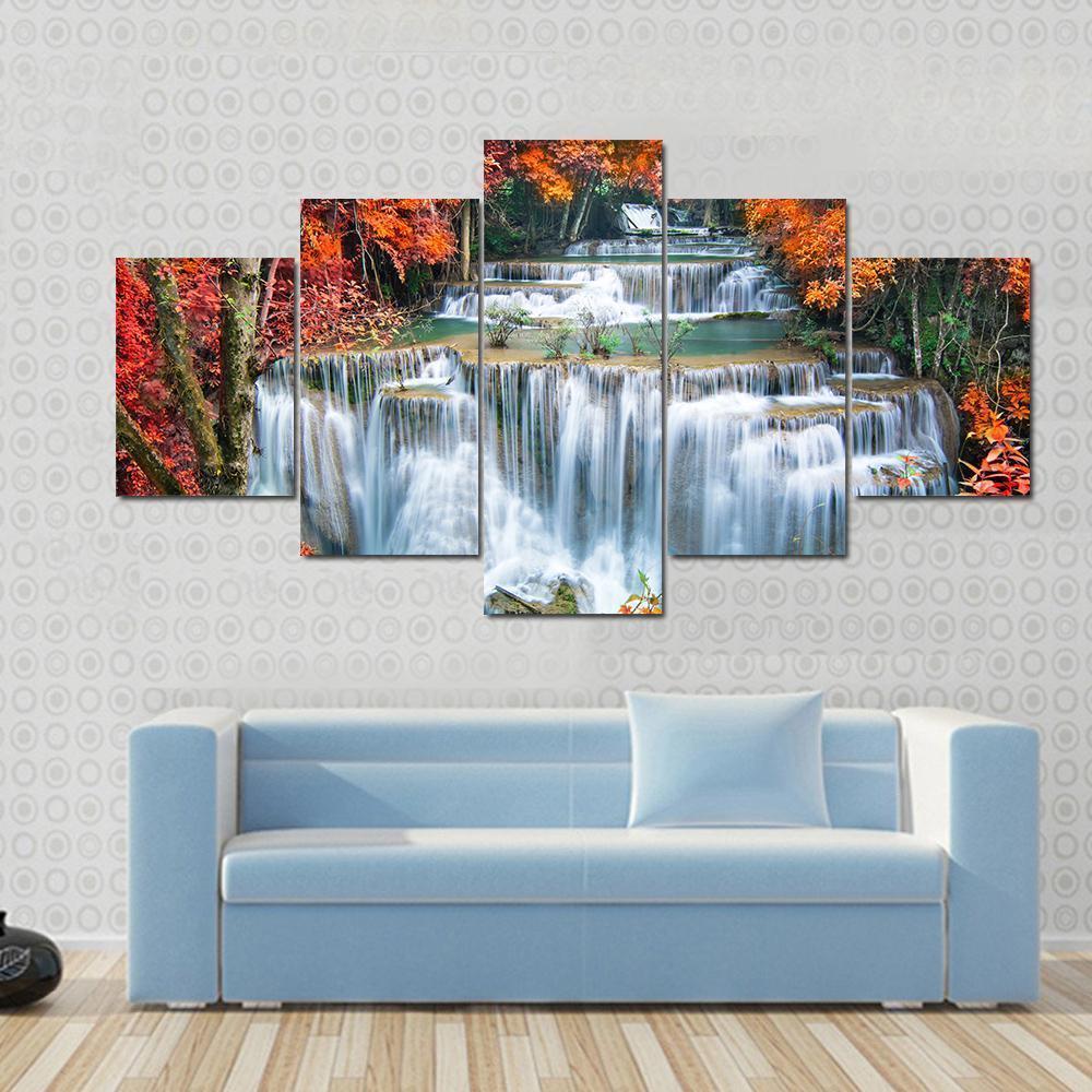 Waterfall In Autumn Forest Canvas Wall Art-5 Star-Gallery Wrap-62&quot; x 32&quot;-Tiaracle