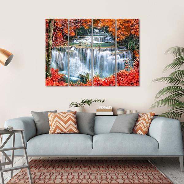 Waterfall In Autumn Forest Canvas Wall Art-4 Horizontal-Gallery Wrap-34" x 24"-Tiaracle