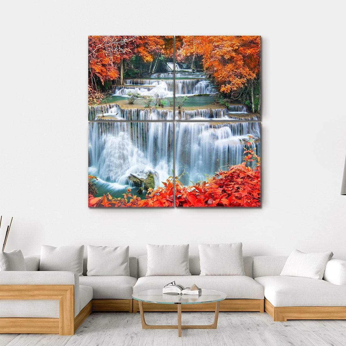 Waterfall In Autumn Forest Canvas Wall Art-4 Square-Gallery Wrap-17" x 17"-Tiaracle
