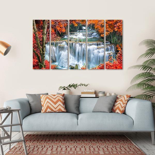 Waterfall In Autumn Forest Canvas Wall Art-5 Horizontal-Gallery Wrap-22" x 12"-Tiaracle