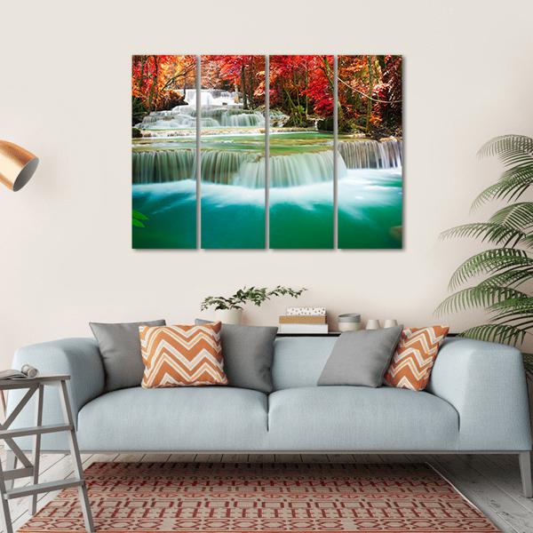 Waterfall In Autumn Tree Forest Canvas Wall Art-4 Horizontal-Gallery Wrap-34" x 24"-Tiaracle