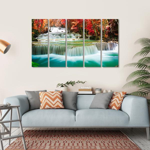Waterfall In Autumn Tree Forest Canvas Wall Art-5 Horizontal-Gallery Wrap-22" x 12"-Tiaracle