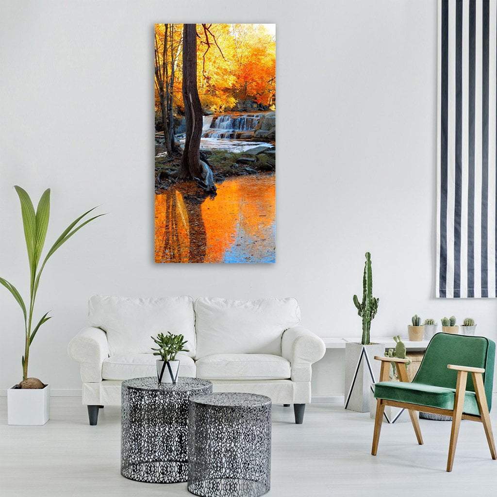 Waterfall In Autumn Trees Forest Vertical Canvas Wall Art-3 Vertical-Gallery Wrap-12" x 25"-Tiaracle