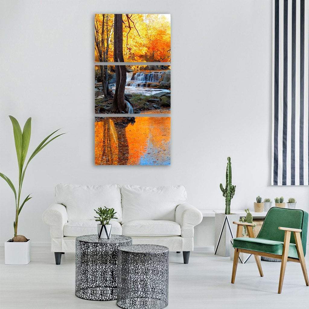 Waterfall In Autumn Trees Forest Vertical Canvas Wall Art-3 Vertical-Gallery Wrap-12" x 25"-Tiaracle