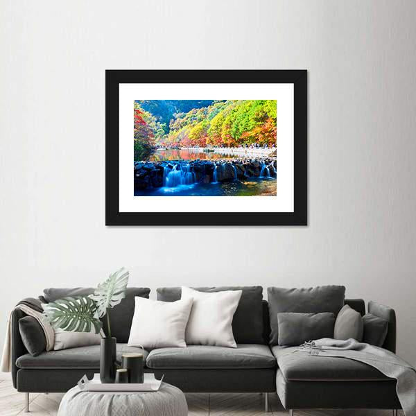 Waterfall In Autumn Valley Canvas Wall Art-1 Piece-Framed Print-20" x 16"-Tiaracle