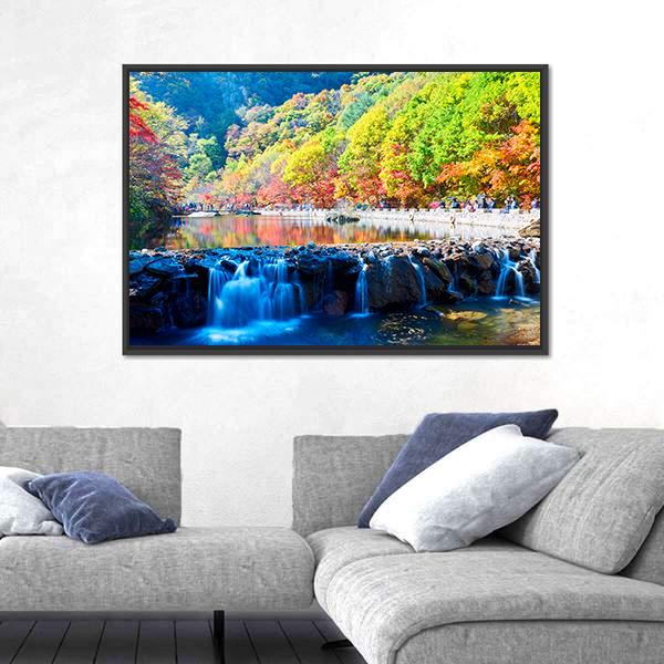 Waterfall In Autumn Valley Canvas Wall Art-1 Piece-Floating Frame-24" x 16"-Tiaracle