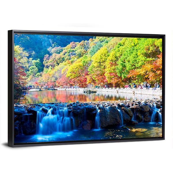 Waterfall In Autumn Valley Canvas Wall Art-3 Horizontal-Gallery Wrap-25" x 16"-Tiaracle