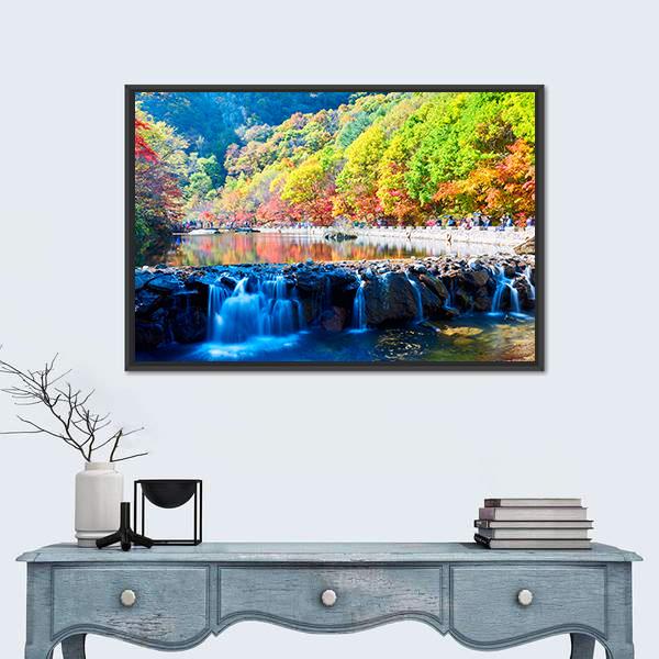 Waterfall In Autumn Valley Canvas Wall Art-3 Horizontal-Gallery Wrap-25" x 16"-Tiaracle