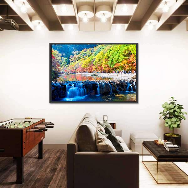 Waterfall In Autumn Valley Canvas Wall Art-3 Horizontal-Gallery Wrap-25" x 16"-Tiaracle