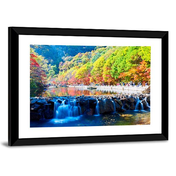 Waterfall In Autumn Valley Canvas Wall Art-3 Horizontal-Gallery Wrap-25" x 16"-Tiaracle