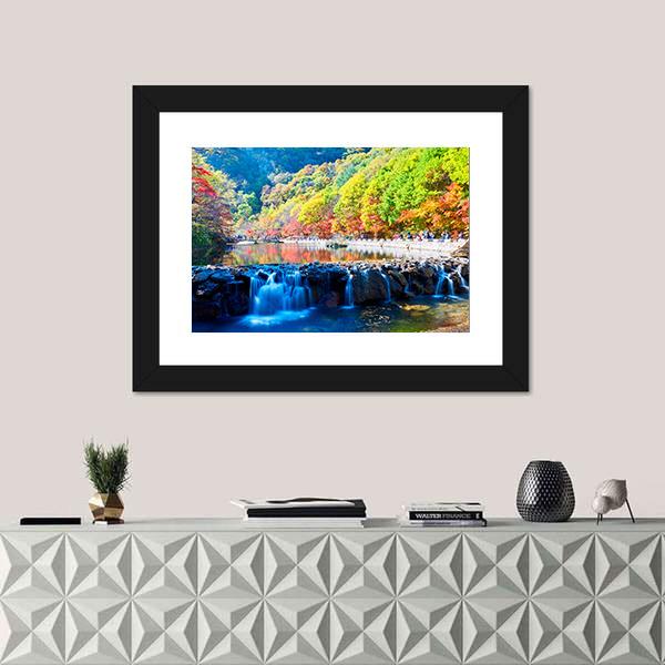 Waterfall In Autumn Valley Canvas Wall Art-3 Horizontal-Gallery Wrap-25" x 16"-Tiaracle