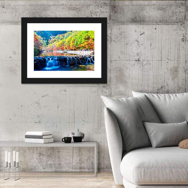 Waterfall In Autumn Valley Canvas Wall Art-3 Horizontal-Gallery Wrap-25" x 16"-Tiaracle
