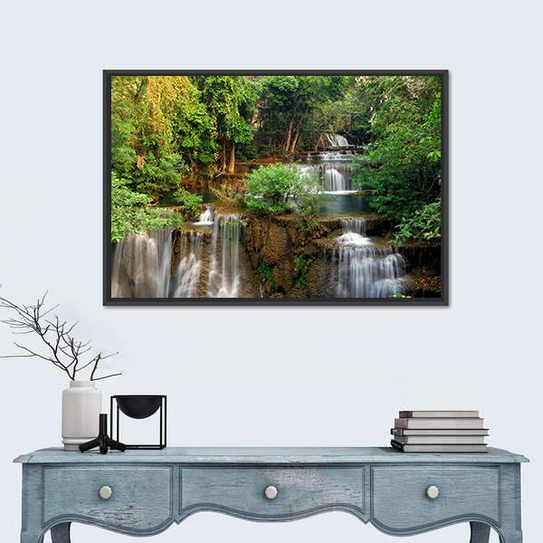 Waterfall In Deep Forest Canvas Wall Art-1 Piece-Floating Frame-24" x 16"-Tiaracle