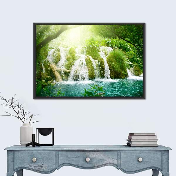 Waterfall In Deep Forest Canvas Wall Art-1 Piece-Floating Frame-24" x 16"-Tiaracle