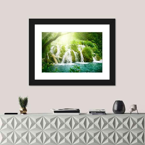 Waterfall In Deep Forest Canvas Wall Art-1 Piece-Framed Print-20" x 16"-Tiaracle