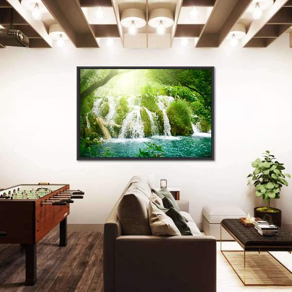 Waterfall In Deep Forest Canvas Wall Art-5 Horizontal-Gallery Wrap-22" x 12"-Tiaracle