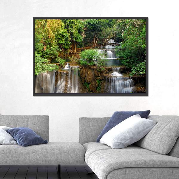 Waterfall In Deep Forest Canvas Wall Art-3 Horizontal-Gallery Wrap-25" x 16"-Tiaracle