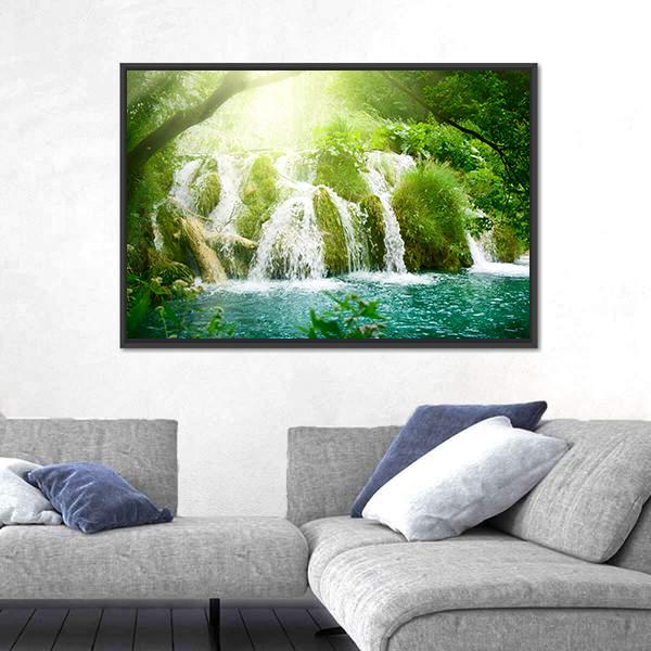 Waterfall In Deep Forest Canvas Wall Art-3 Horizontal-Gallery Wrap-25" x 16"-Tiaracle