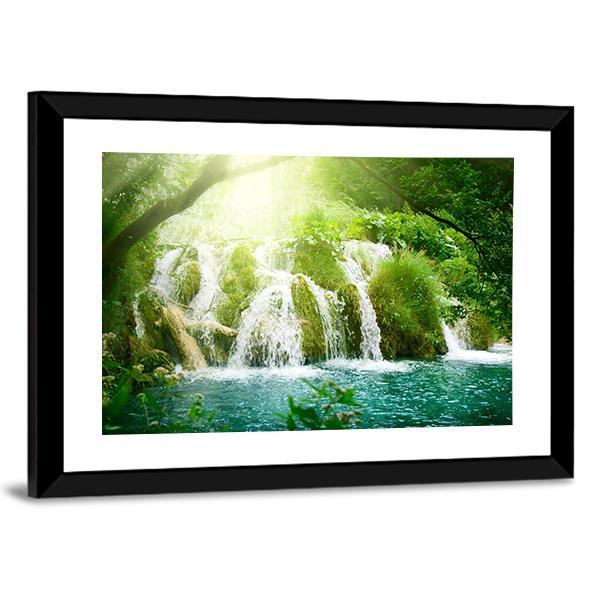 Waterfall In Deep Forest Canvas Wall Art-5 Horizontal-Gallery Wrap-22" x 12"-Tiaracle