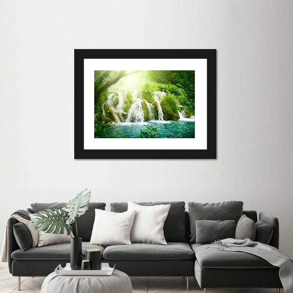 Waterfall In Deep Forest Canvas Wall Art-3 Horizontal-Gallery Wrap-25" x 16"-Tiaracle