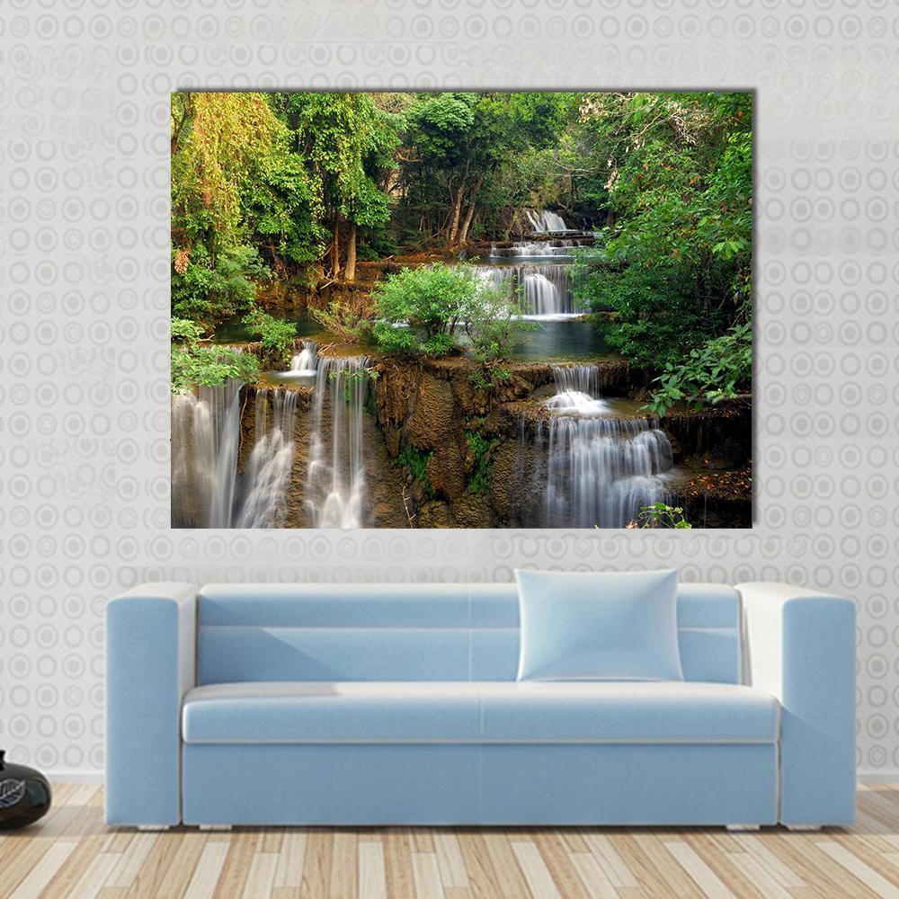 Waterfall In Deep Forest Canvas Wall Art-1 Piece-Gallery Wrap-48" x 32"-Tiaracle