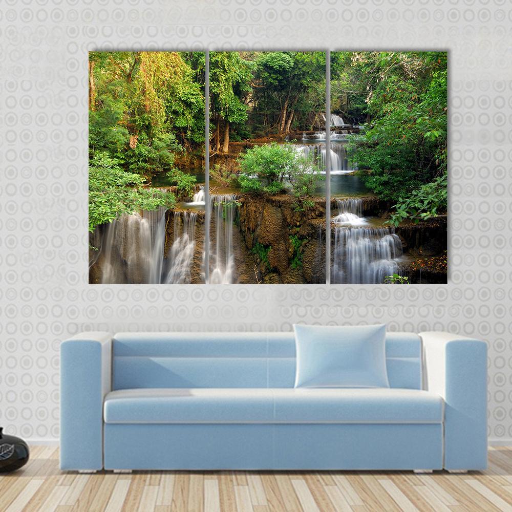 Waterfall In Deep Forest Canvas Wall Art-3 Horizontal-Gallery Wrap-37" x 24"-Tiaracle