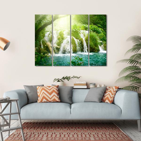 Waterfall In Deep Forest Canvas Wall Art-4 Horizontal-Gallery Wrap-34" x 24"-Tiaracle