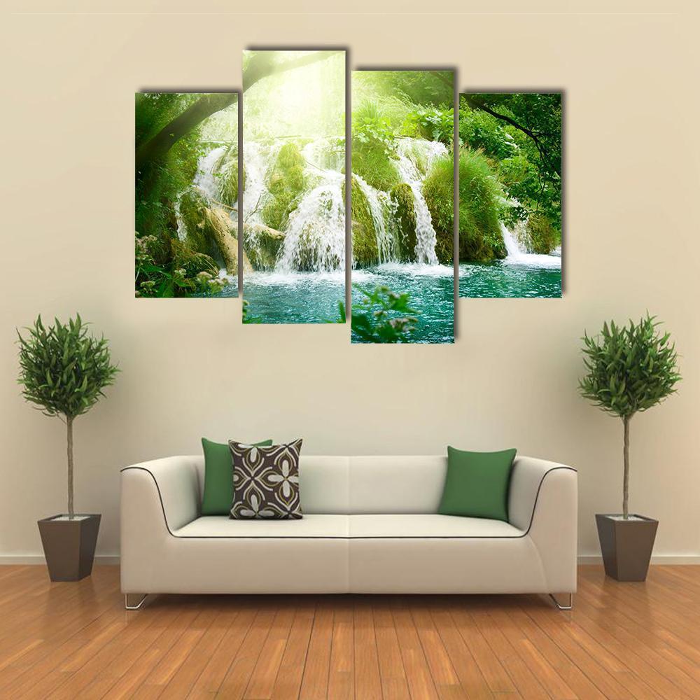 Waterfall In Deep Forest Canvas Wall Art-4 Pop-Gallery Wrap-50" x 32"-Tiaracle