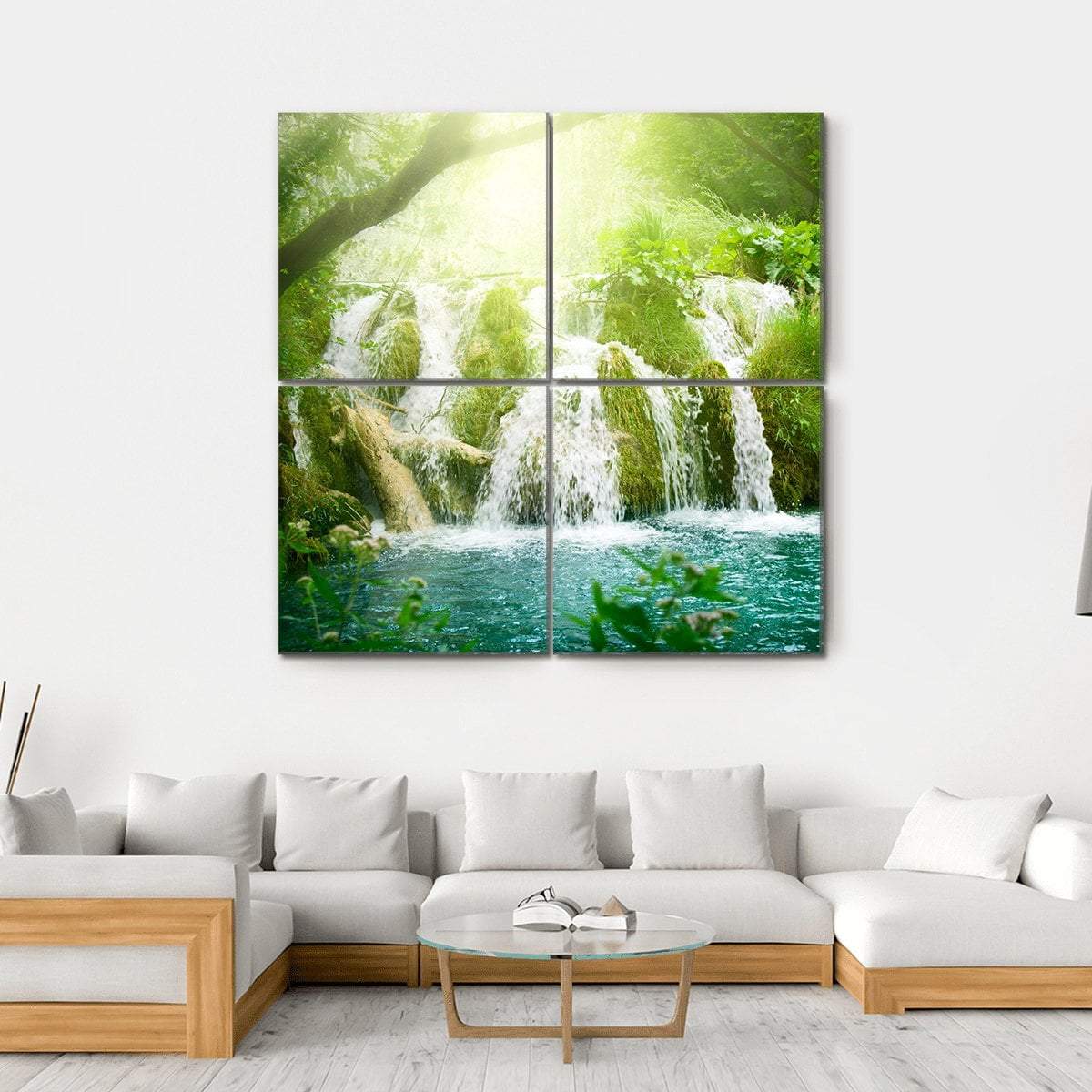 Waterfall In Deep Forest Canvas Wall Art-4 Square-Gallery Wrap-17" x 17"-Tiaracle