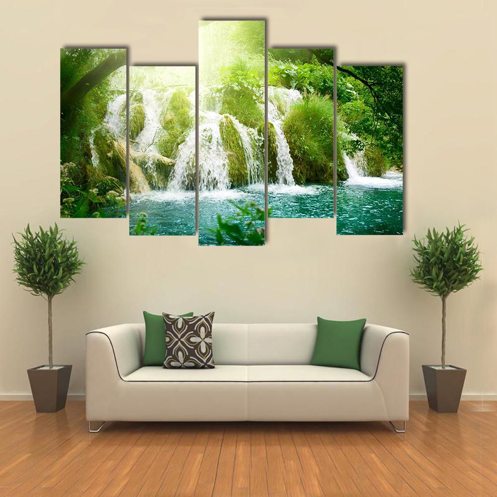 Waterfall In Deep Forest Canvas Wall Art-5 Pop-Gallery Wrap-47" x 32"-Tiaracle