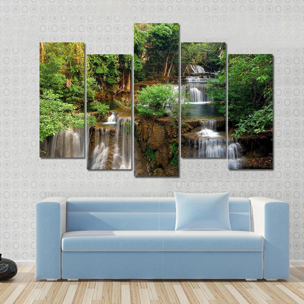 Waterfall In Deep Forest Canvas Wall Art-5 Pop-Gallery Wrap-47" x 32"-Tiaracle