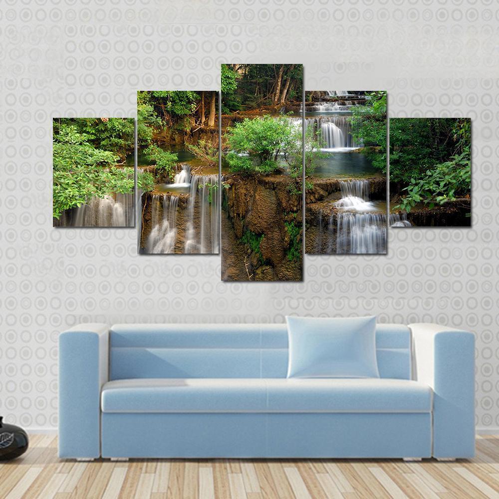 Waterfall In Deep Forest Canvas Wall Art-5 Pop-Gallery Wrap-47" x 32"-Tiaracle