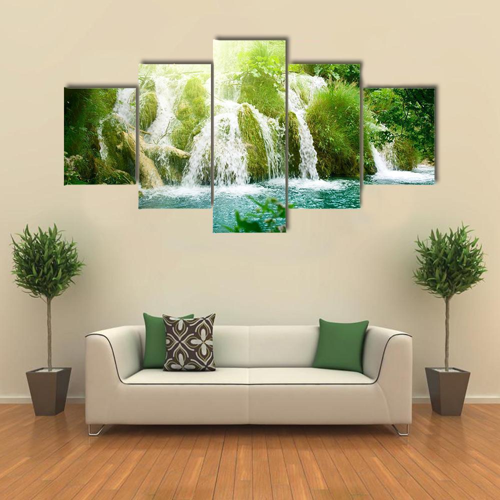 Waterfall In Deep Forest Canvas Wall Art-5 Star-Gallery Wrap-62" x 32"-Tiaracle