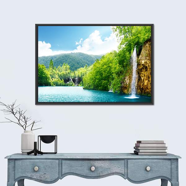 Waterfall In Deep Forest Of Croatia Canvas Wall Art-1 Piece-Floating Frame-24" x 16"-Tiaracle