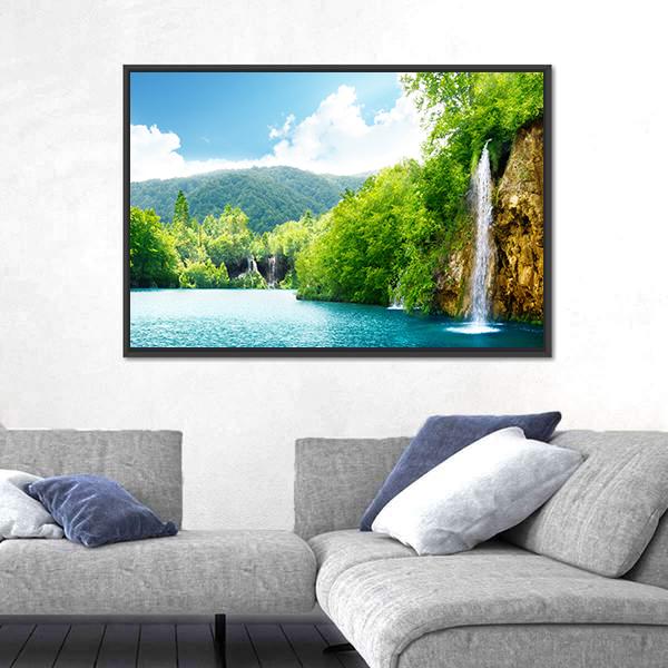 Waterfall In Deep Forest Of Croatia Canvas Wall Art-3 Horizontal-Gallery Wrap-25" x 16"-Tiaracle