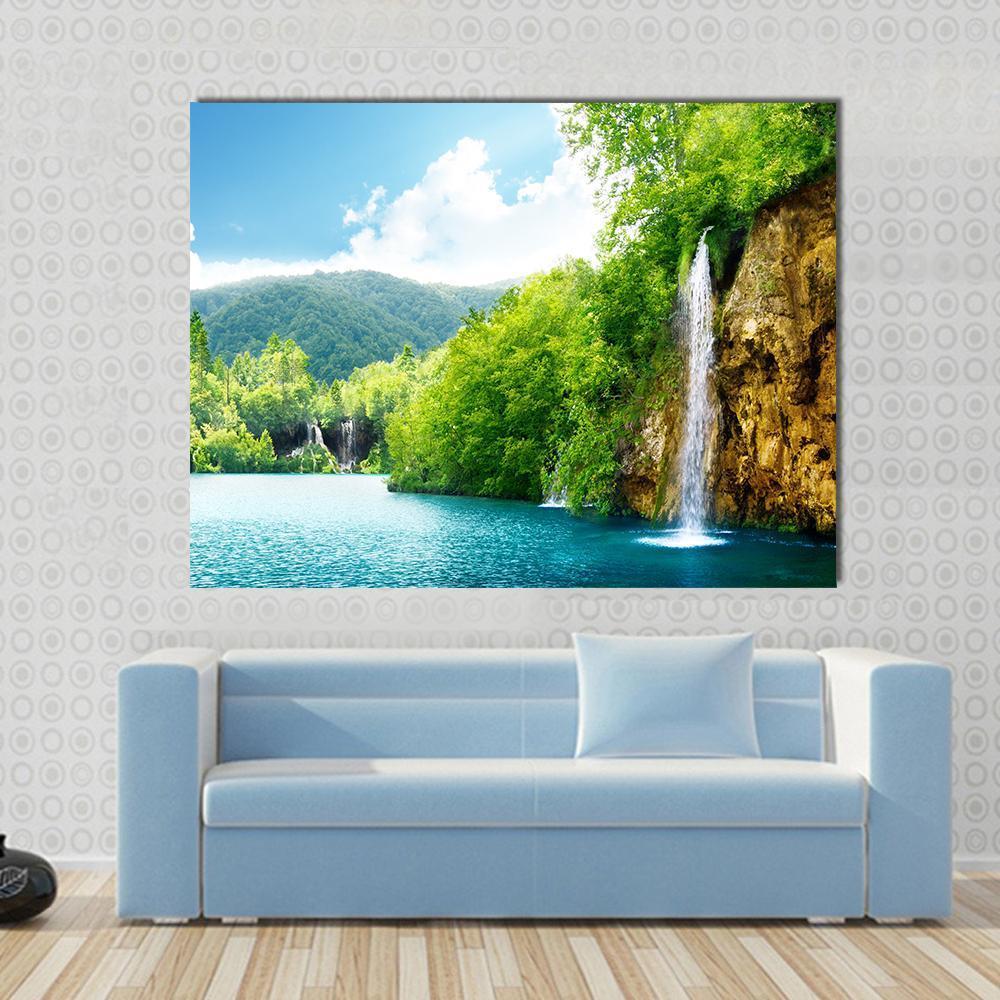 Waterfall In Deep Forest Of Croatia Canvas Wall Art-1 Piece-Gallery Wrap-48" x 32"-Tiaracle