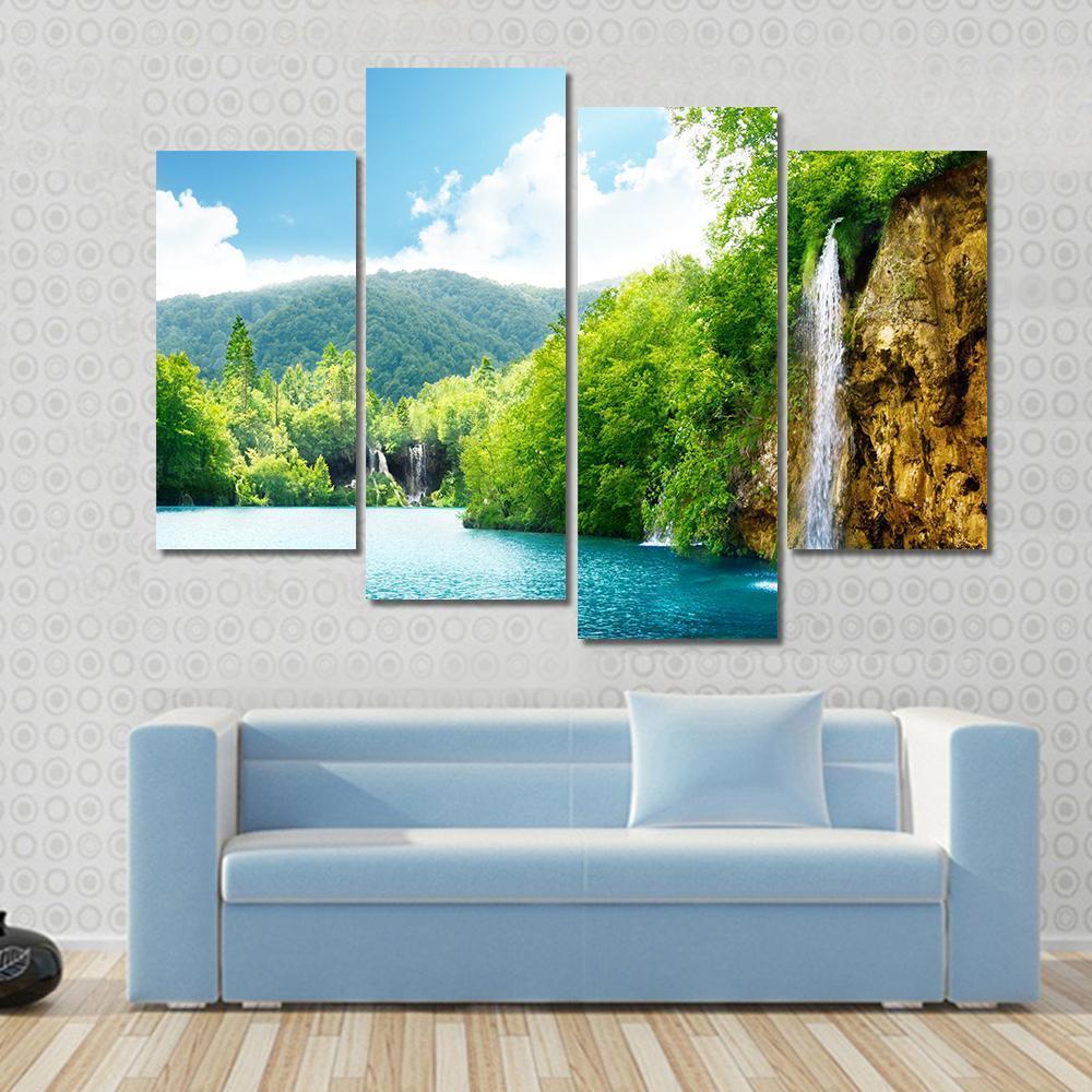 Waterfall In Deep Forest Of Croatia Canvas Wall Art-4 Pop-Gallery Wrap-50" x 32"-Tiaracle