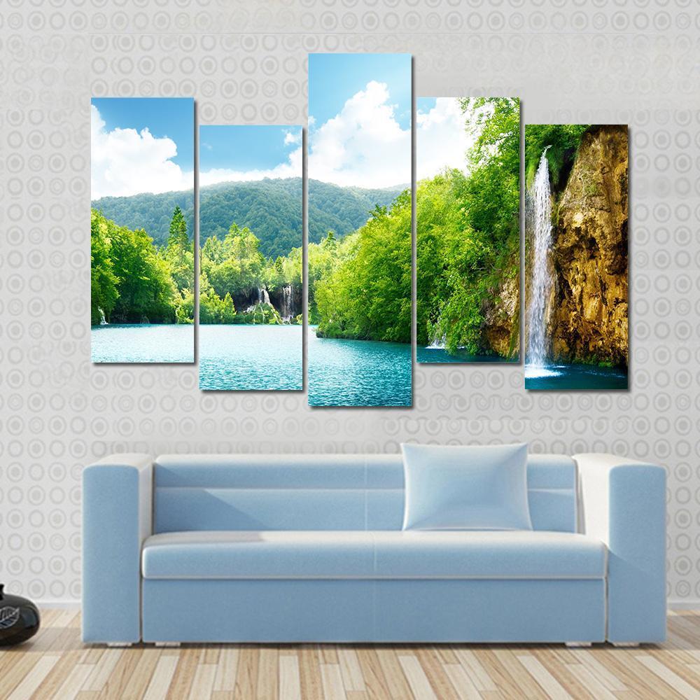 Waterfall In Deep Forest Of Croatia Canvas Wall Art-5 Pop-Gallery Wrap-47" x 32"-Tiaracle